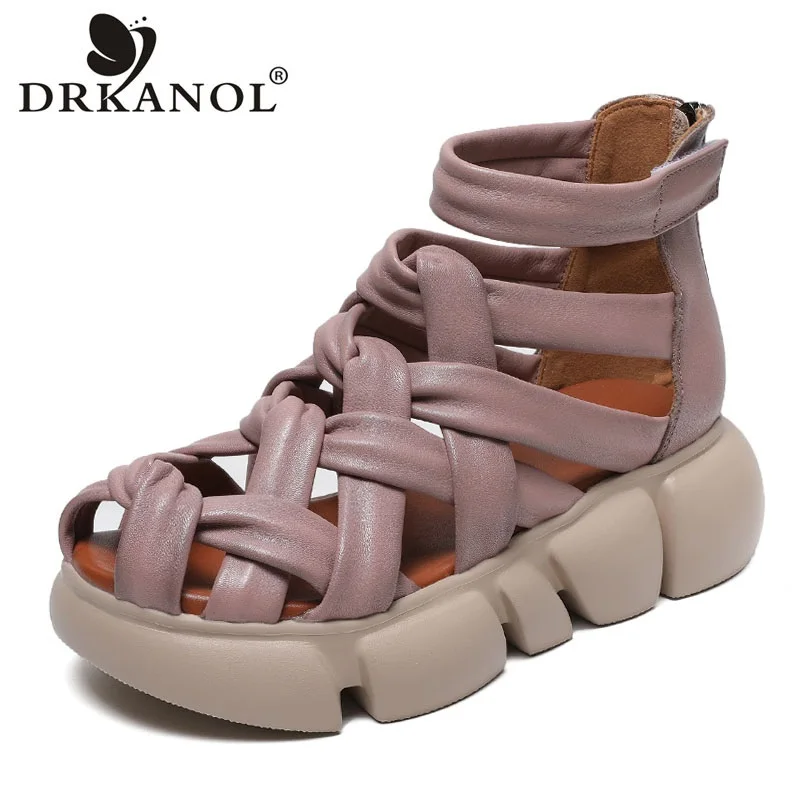 

DRKANOL 2023 Women Gladiator Sandals Summer Cool Boots Luxury Design Genuine Leather Platform Wedges Heel Handmade Woven Sandals