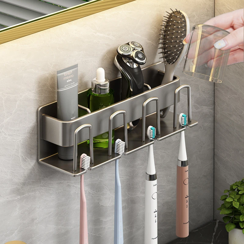 Space Aluminum Toothbrush Holder Punch-free Mouthwash Cup Self Wall-mounted Storage Box Gun Grey Electric Toothbrush Rack