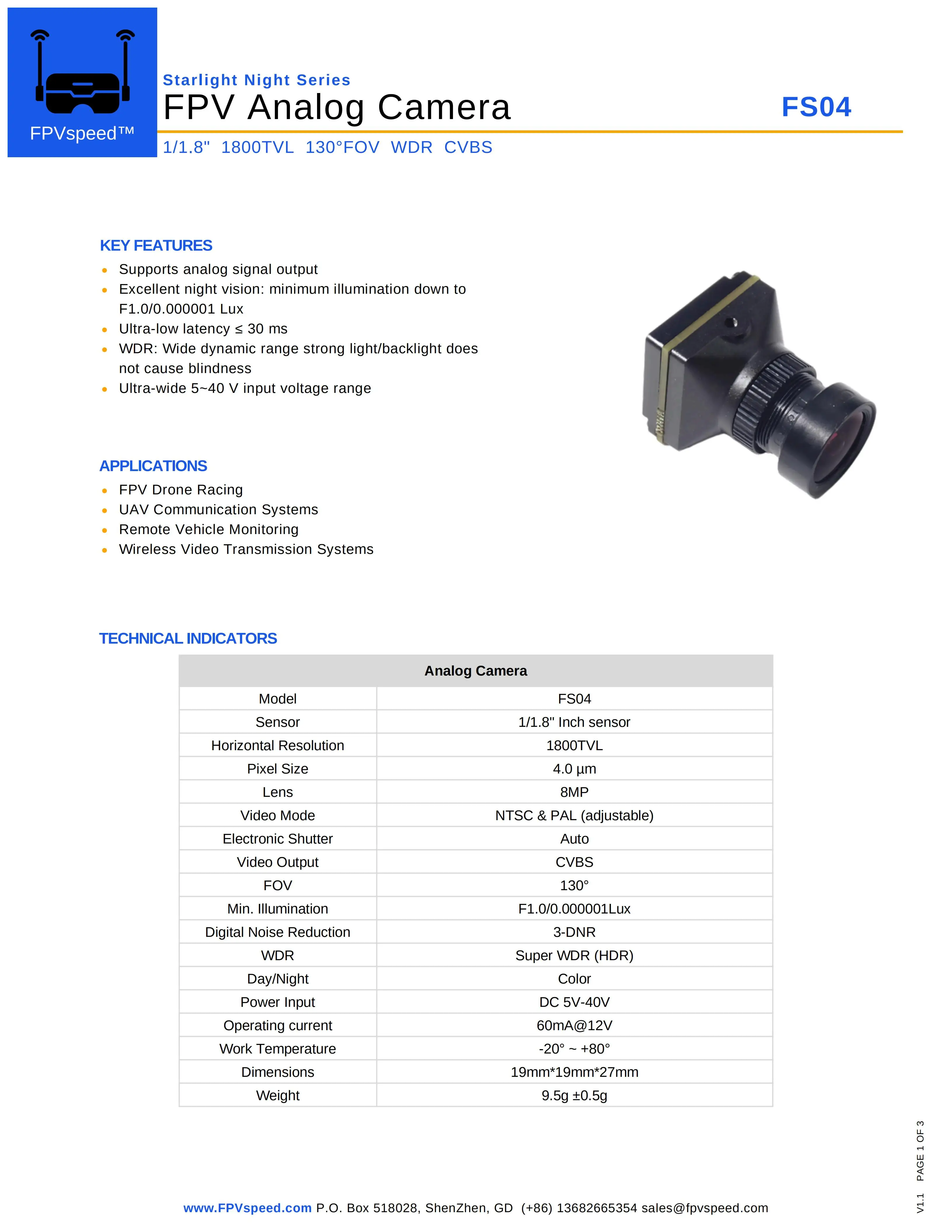 Caméra FPV FS04 Starlight Vision fixée sur un drone, prête pour un vol de nuit avec une qualité d'image analogique 1800TVL.