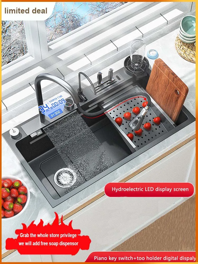 Nano 304 Stainless Steel Flying Rain Waterfall Sink Large SingleTrough Vegetable Basin kitchen accessories kitchen sink Kitchen Cup Washer Household Lleft Side