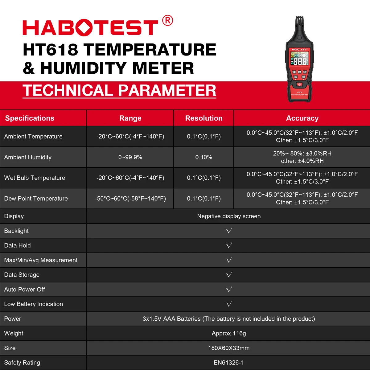 HABOTEST HT618 디지털 심리모미터 온도계 습도계(백라이트 포함) 이슬점 측정 기능이 있는 온도 및 습도 측정기