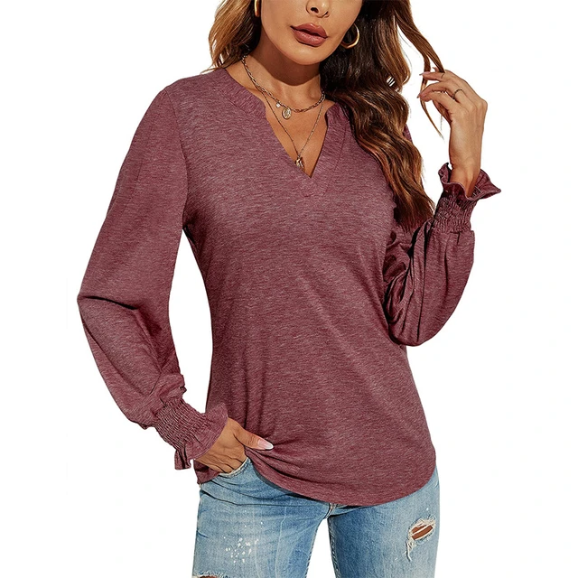 Spring and Autumn Women's Pullover V-Neck Panel Solid Color Puff