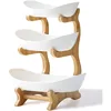 3 Tier Ceramic Fruit Bowl With Bamboo Wood Stand for Kitchen Counter,Porcelain Fruit Basket for Fruit Storage,Snack Dessert 1