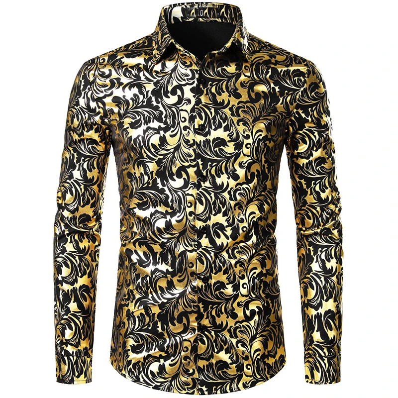 thumbnail image 1 of Camisa de vestir con estampado floral dorado de lujo para hombre, camisas de manga larga con botones y estampado completo en 3D para fiestas, blusas casuales para hombre, 1 of 4