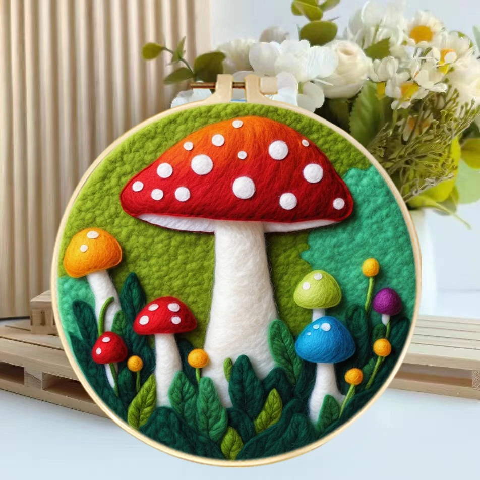 Frame With Wool Felting Painting Kit Colored Mushrooms Embroidery Kit Funny Diy Felt Needle Wool Paintings For Mom Gift