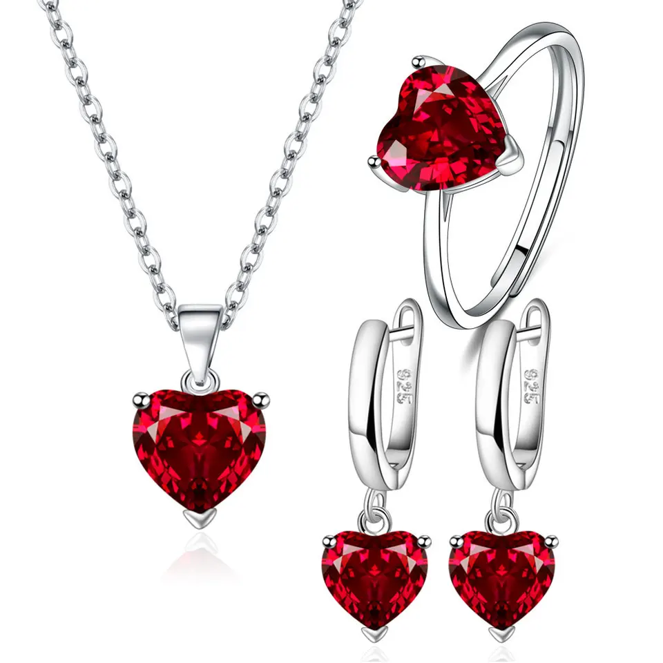 FLYYQMIAO Red Love Heart Jewelry Set - Silver Plated Necklace, Earrings & Ring, Hypoallergenic Pack Of 4 - View #6