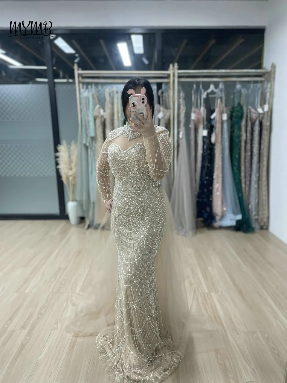 Mymb exklusive Perlen lange Ärmel muslimische elegante Abend party Kleider Dubai High Neck Hochzeit Gast kleid mit abnehmbaren Zug – Detail 5