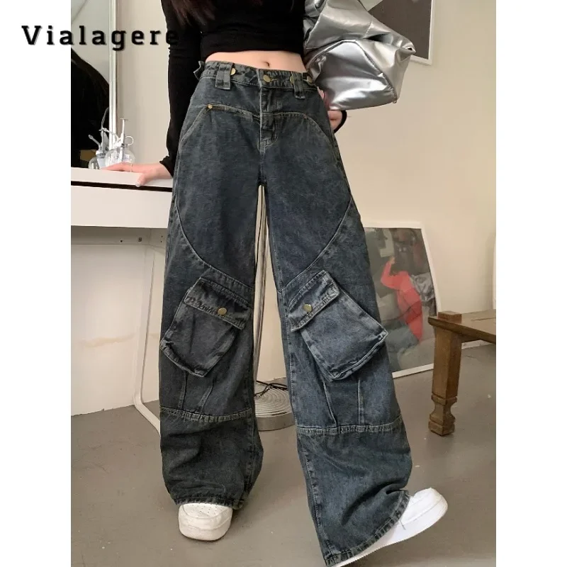 

Повседневные винтажные синие прямые джинсы в стиле High Street с карманами, модные женские брюки в Корейском стиле, мешковатые джинсовые брюки с широкими штанинами Y2K