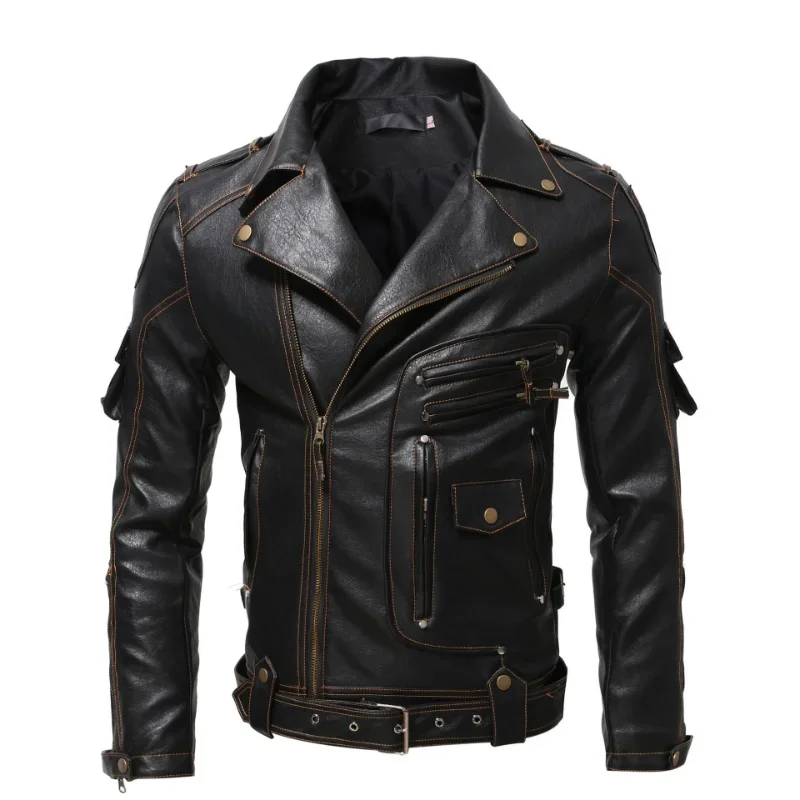 

Vintage Ghost Rider Motorcycle Multi-zip Jacket Lapel Pu Parka Plus Size Fat Singer Show Leather Man