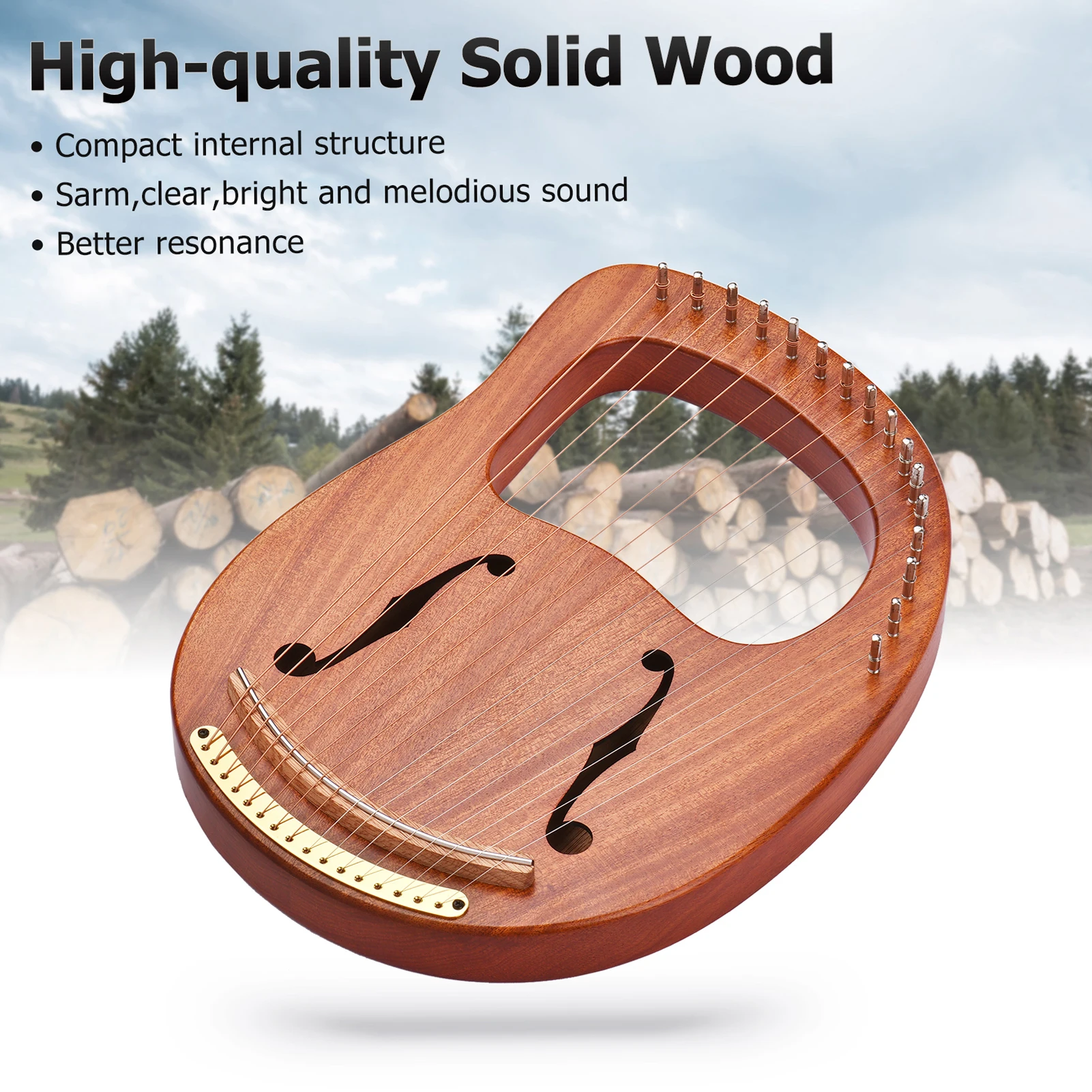 WH-16 C Tone16-String Wooden Lyre Harp Metal Strings Solid Wood String Instrument with Carry Bag Tuning Wrench Cleaning Spare