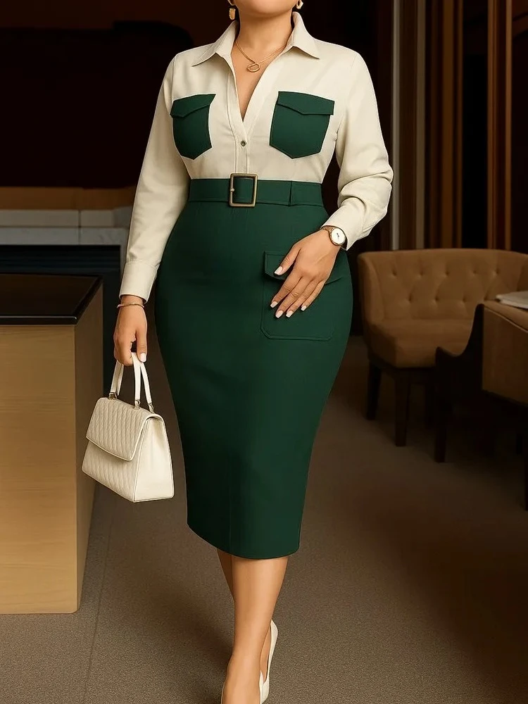 Elegant Church Dresses Long Sleeves Turn Down Collar Women Color Block  Patchwork Office Ladies Work Business Autumn African New - AliExpress  200000345