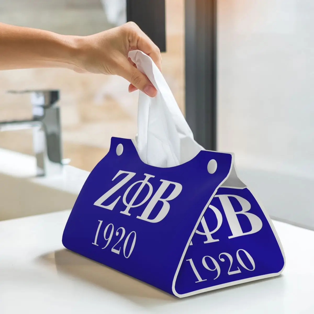 Custom Zeta Phi Beta Sorority Logo Facial Tissue Box Cover Rectangular Greek Letter 1920 PU Leather Tissue Box Holder for Office 6