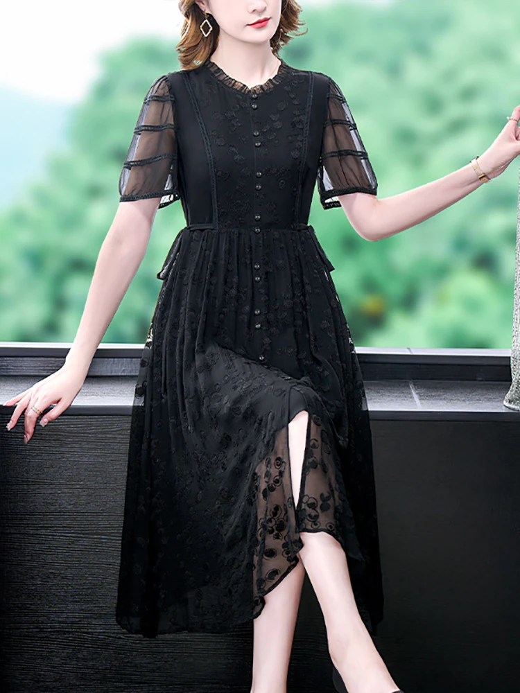 

2023 Black Jacquard Silk Luxury Party Evening Dress Women Korean Vintage Hepburn Prom Dress Summer Elegant Casual Festival Dress