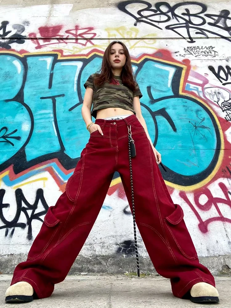 Street Vintage Jeans New Y2K Harajuku Wash Red Streetwear Baggy