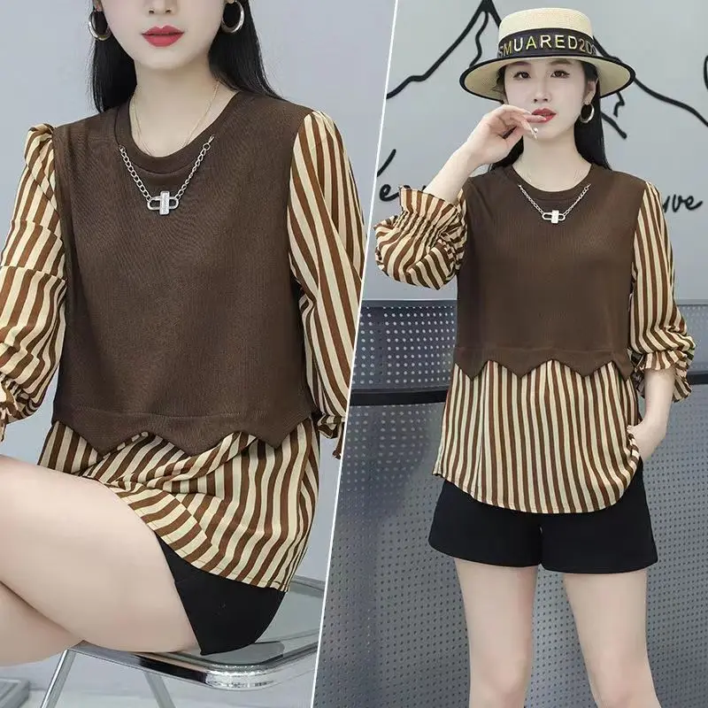 Fashion Woman Blouses 2023 Spring Autumn Crew Neck Long Sleeve Princess Sleeve Commuter Casual Preppy Style Striped Pullovers