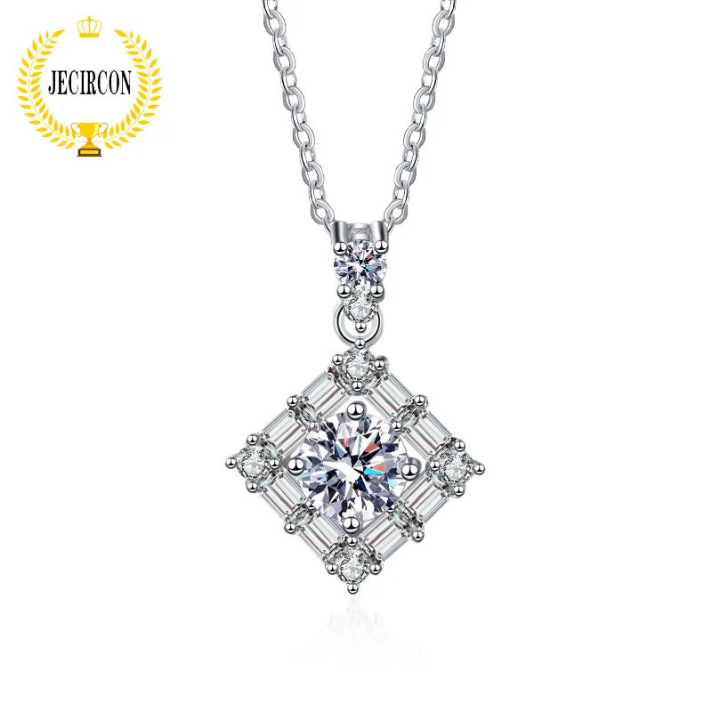 

JECIRCN 18k White Gold Necklace for Women Super Flash 1 Carat Moissanite Pendant Square Crystal All-match Silver Neck Jewelry