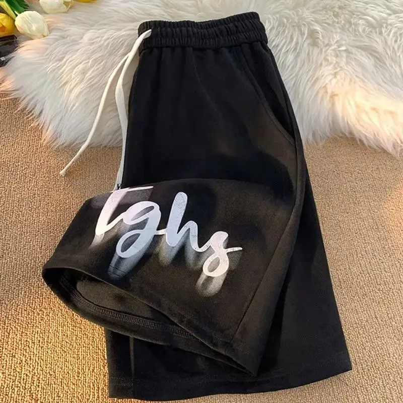 Korean Fashion Letter Printing Shorts Men 2024 Summer Drawstring Loose Casual Youth Comfortable All-match Motion Quarter Pants