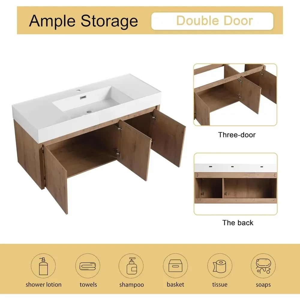 48 Inch Floating Bathroom Vanity with Sink, 48'' Single Sink Wall Mounted Bathroom Vanity, with 2 Doors and White Resin Basin 4