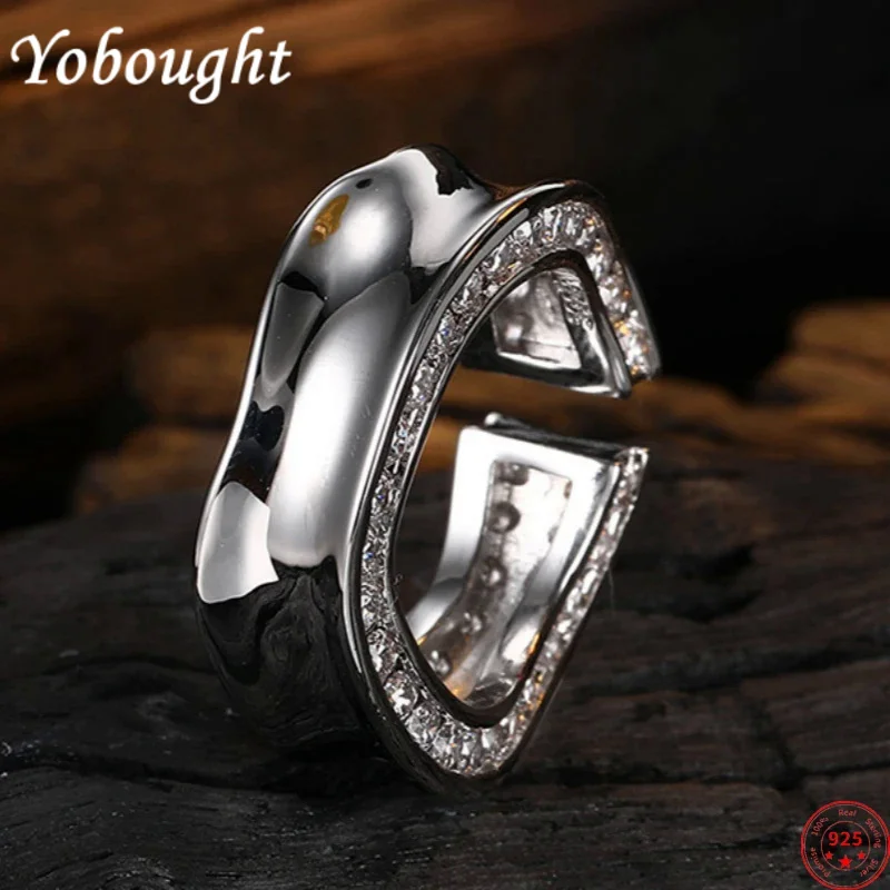 S925 Sterling Silver Rings For Women Men New Fashion Irregular Smooth Inlaid Micro Zircon Punk Adjustable Jewelry Free Shipping