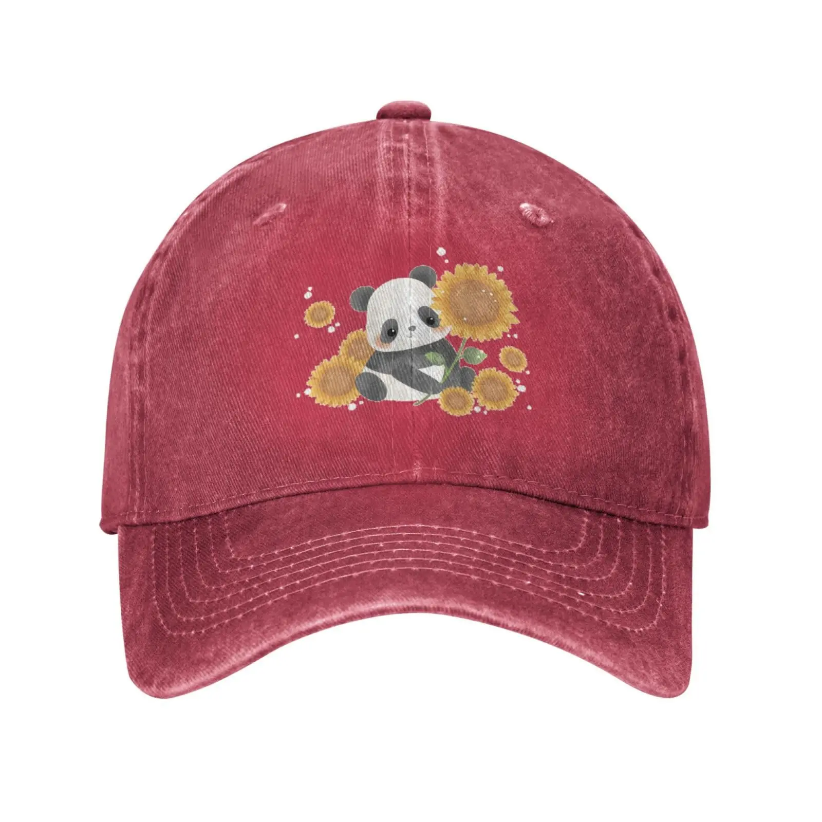 Cute Panda Sunflowers Navy Blue Vintage Distressed Adjustable Washed Denim Cotton Low Profile Mens Dad Trucker Hat