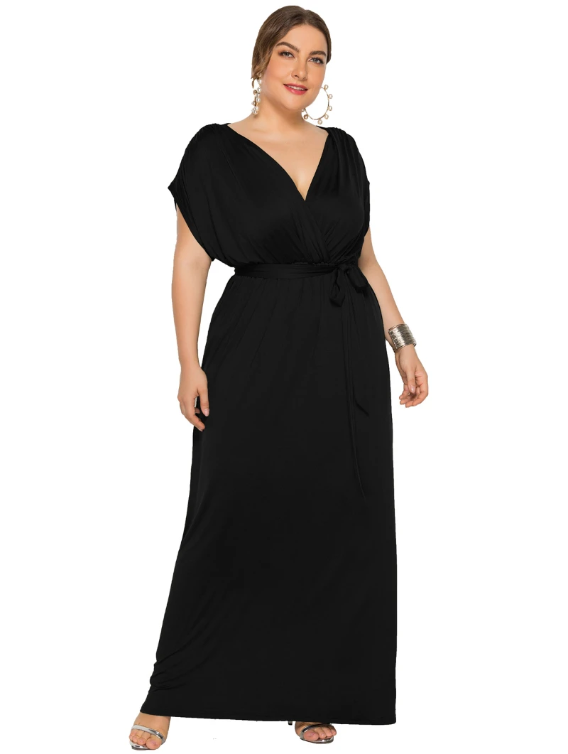 

DEARIRIS Plus Size Women's Sexy Solid Color V-neck Loose Hem Dress