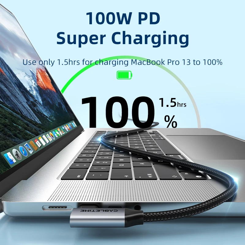 CABLETIME 아이폰 16 맥북 프로 아이패드용 비디오 고속 충전 USB 3.2 2 세대, 20Gbps, 90 도 PD 100W, 4K, 60Hz