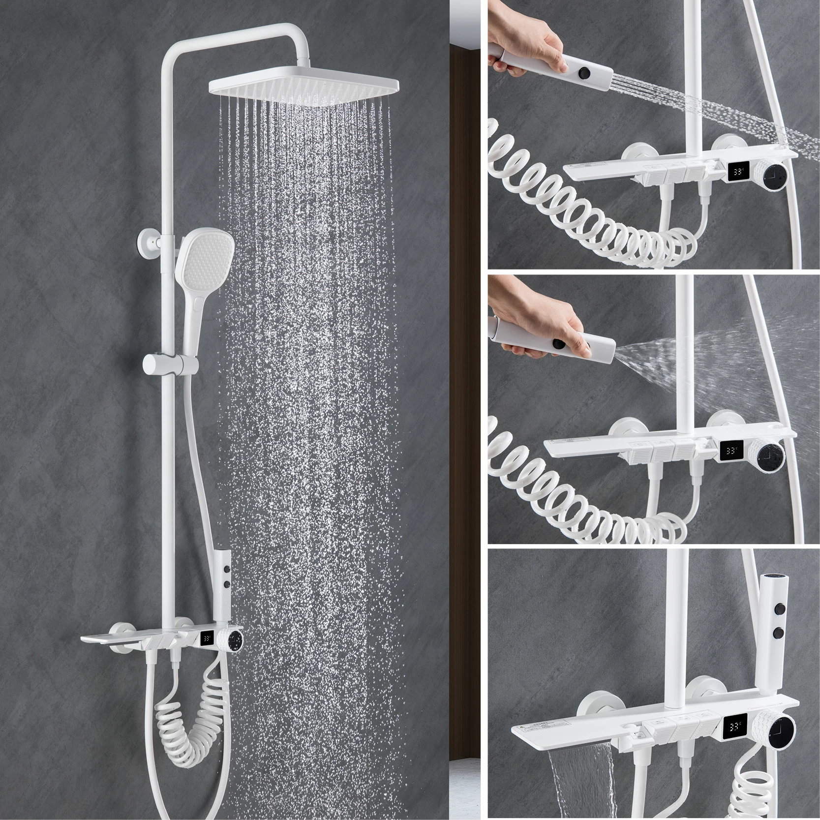 

Boonion Brass hot and cold water mix large shower faucet digital display temperature white adjustable height multifunctional air