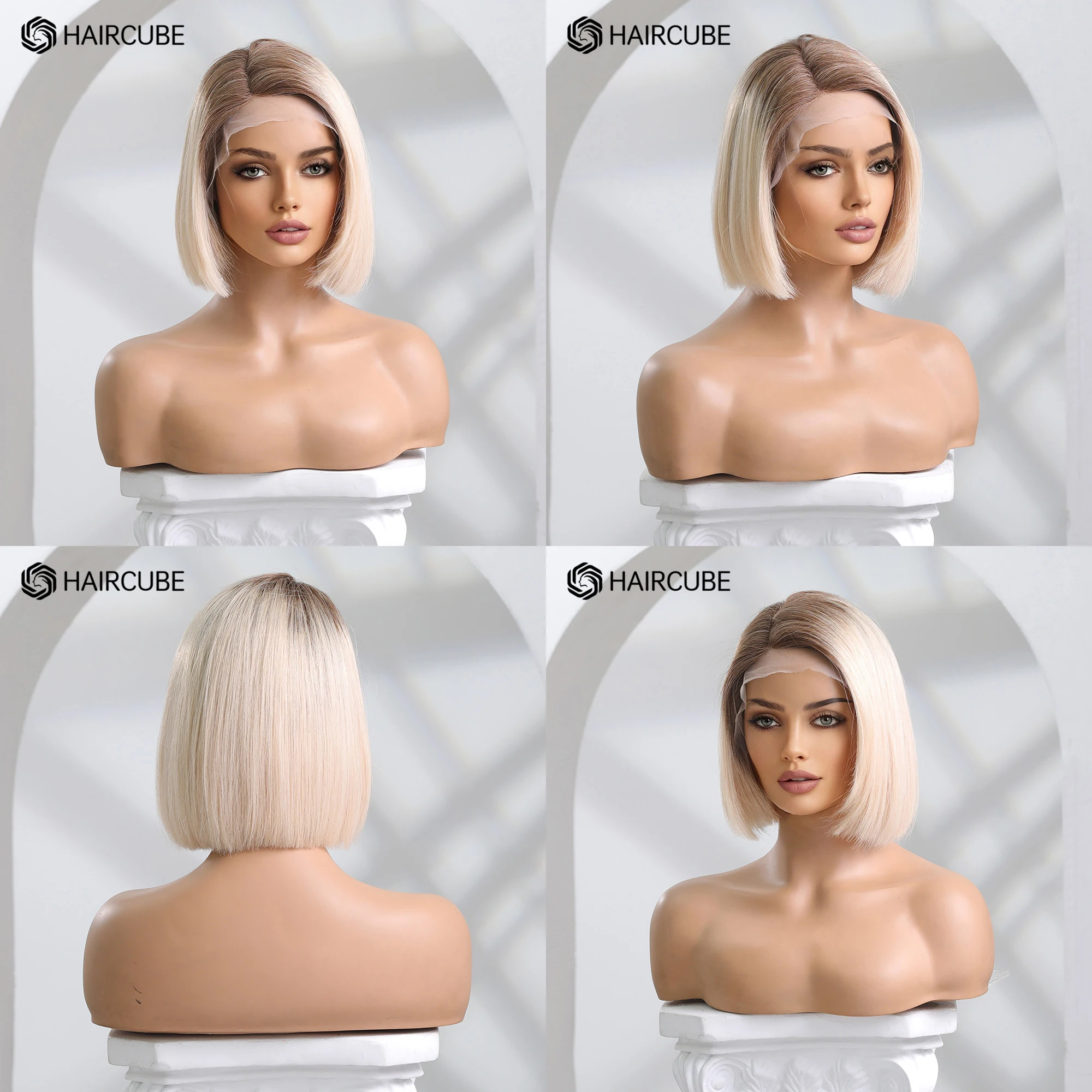 HAIRCUBE Straight Bob Wig 13*1 Transparent Lace Front Wigs for Women Blonde Wig with Dark Roots Ombre Platinum Human Hair Wigs