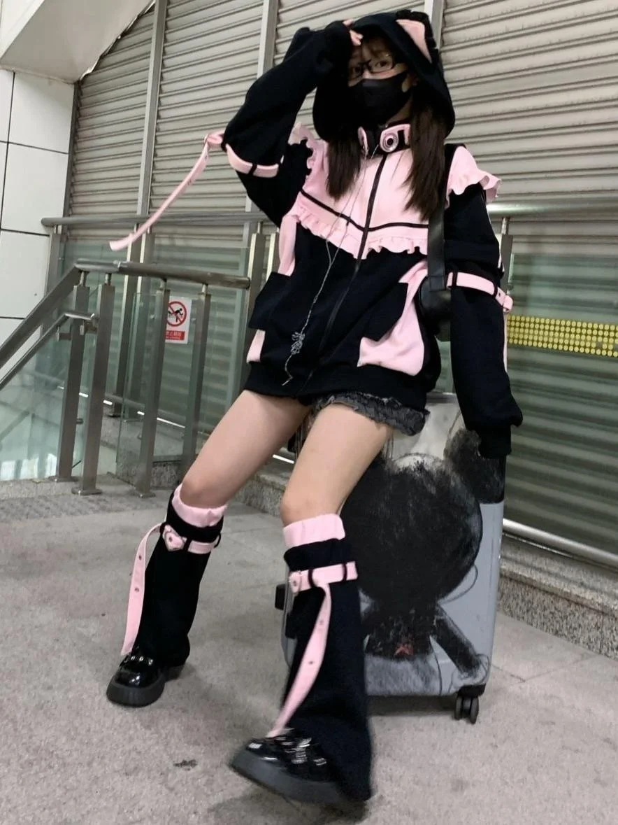 Spring Autumn Thin Fce Subculture Virtual Human Color Blo Long Sve Hoodie Women's Lace Hem Coat Sweet Japanese Sle