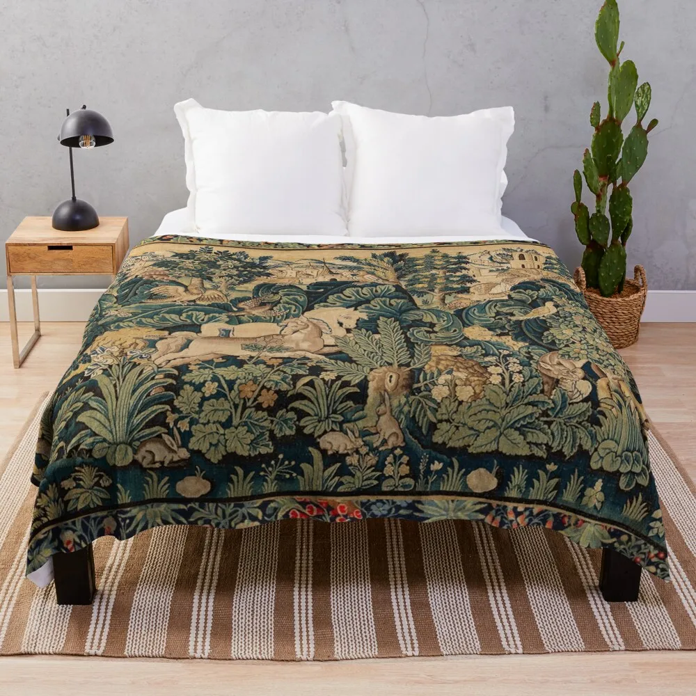 

FANTASTIC ANIMALS AND HORSES IN WOODLAND Blue Green Ivory Antique French Tapestry Throw Blanket Thin Blanket