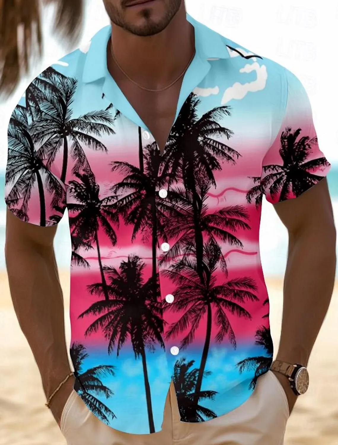 thumbnail image 1 of Camisa de hombre con estampado tropical de piña, camisa hawaiana de verano, informal, para vacaciones, verano, primavera, camisa de manga corta con cuello vuelto, tela elástica, 1 of 5