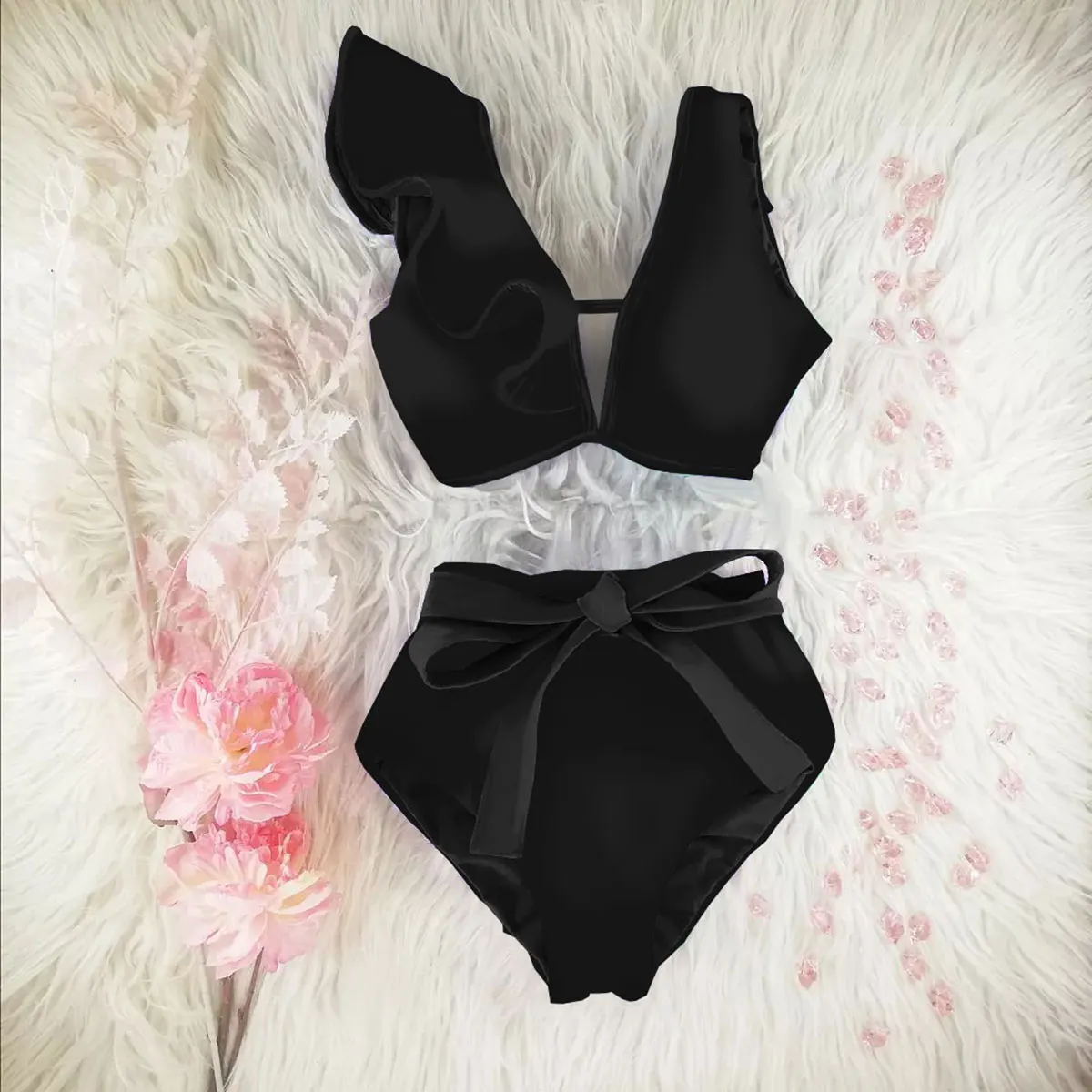 Women Swimsuit New Bikini Floral Ruffled Bikini Set Women V-neck High Waist Two Piece Swimsuit Girl Beach Bathing Suit Swimwear Biquinis