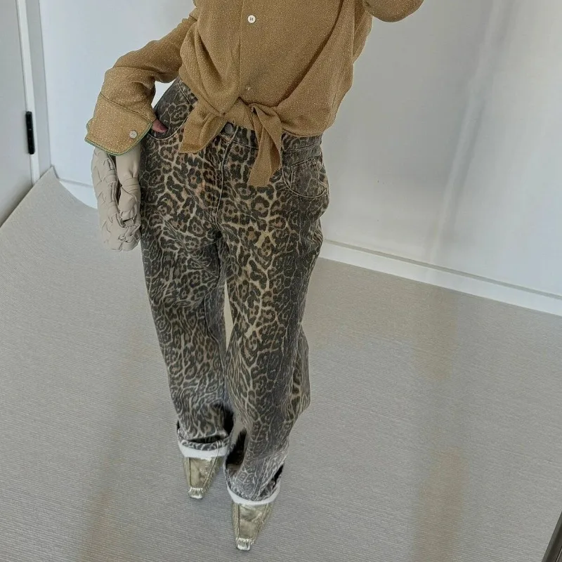 Deeptown Vintage Y2k Baggy Leopard Jeans Frau Streetwear Hippie breite Jeans hose Harajuku Gyaru lässig Frühling lose Hose