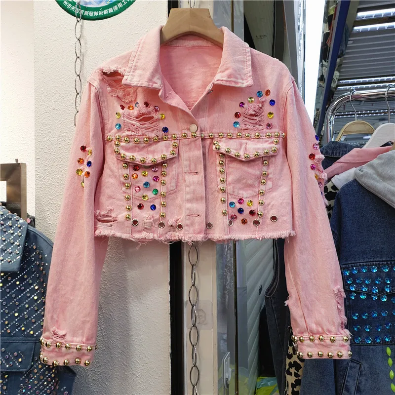 Pink Rivet Studded Pocketed Pink Denim Jacket