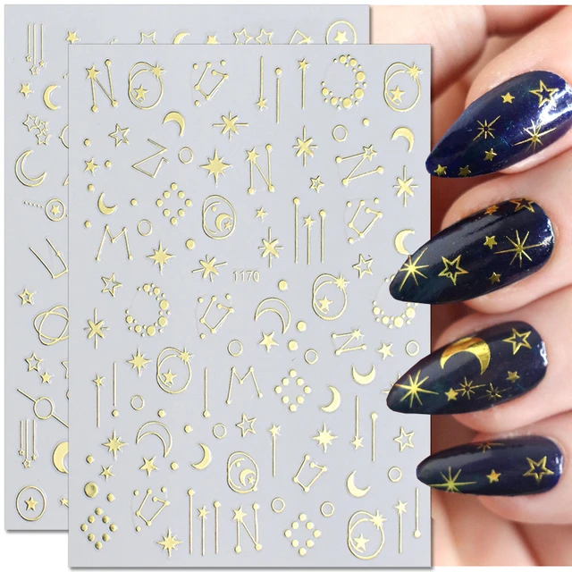 Laser Gold Silver Star Moon Nail Stickers Embossed Geometric Starry Heart  Nail Decals Designer Design Nails Art Accessories - Stickers & Decals -  AliExpress