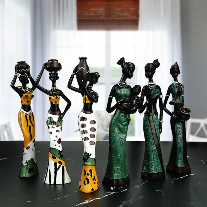 

3Pcs African Art Ornaments Hand Painted Lady Sculptures Standing Pose African Woman Craft Statue Figurines For Living Room