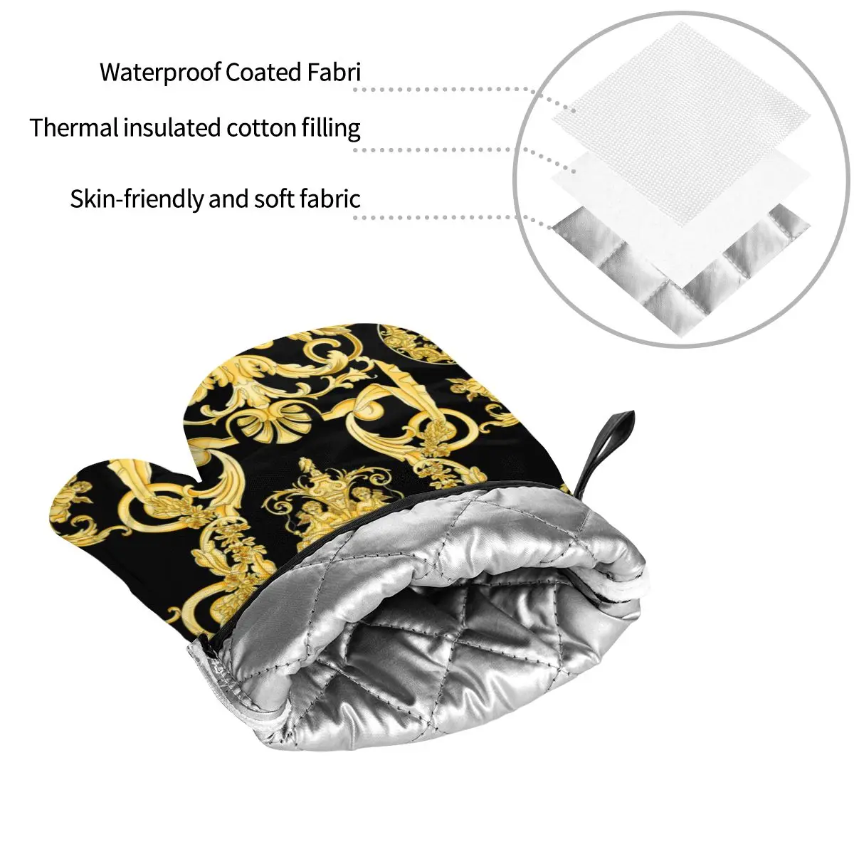 Silicone Oven Gloves Luxury Golden Europe Floral Oven Mitts and Pot Holders Sets of 4 for Baking Heat Resistant Baroque BBQ Kitchen Gloves Potholders silicone oven mitts,kitchen gloves,silicone oven gloves