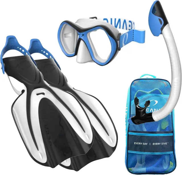 20328-145ed5.jpg Snorkeling Set with Panoramic Wide View Tempered Glass Mask, Snorkel, Fins and Mesh Carry Bag for Scuba Diving