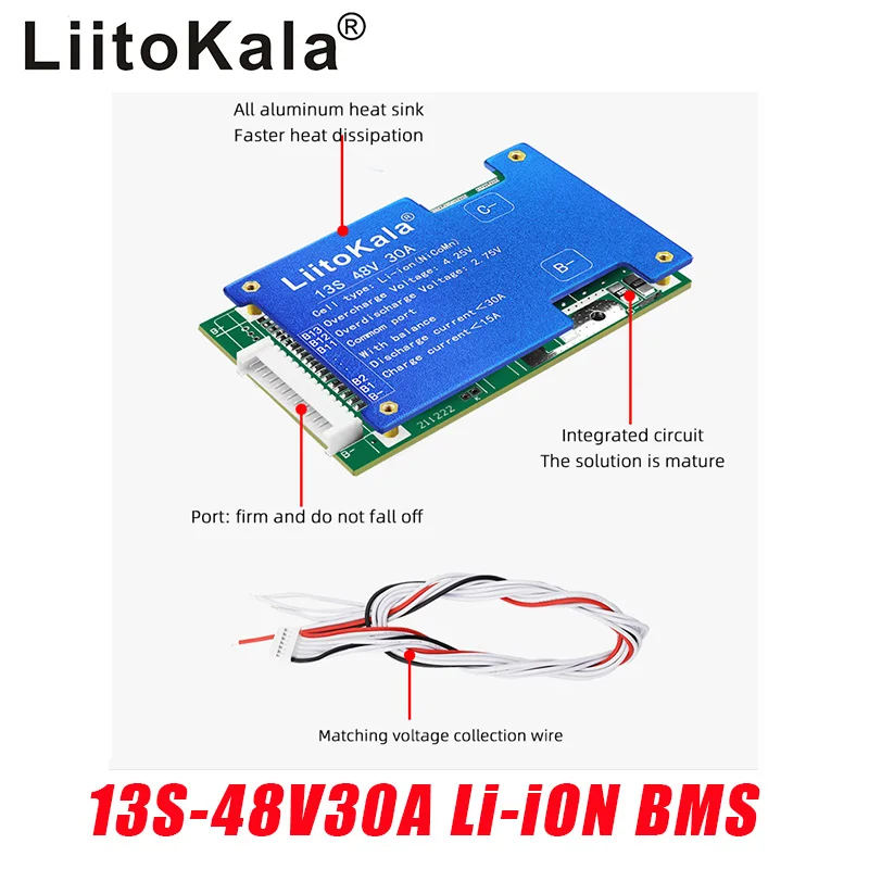 

LiitoKala 13S-48V30A-BMS Li-ion Lithium 18650 Battery Pack BMS PCB board PCM Balance Integrated Circuits Board for Arduino