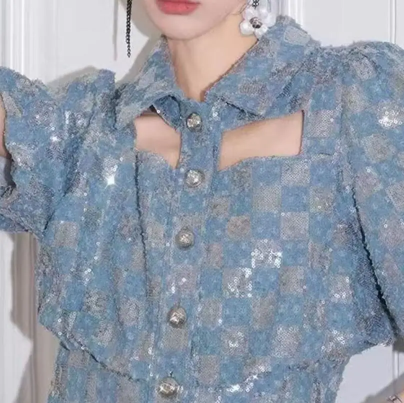 스팽글 자수 비즈와 반짝이 바둑판 데님 원단 드레스 스커트 가방 의류 diy에 대한 고급 재료 세척