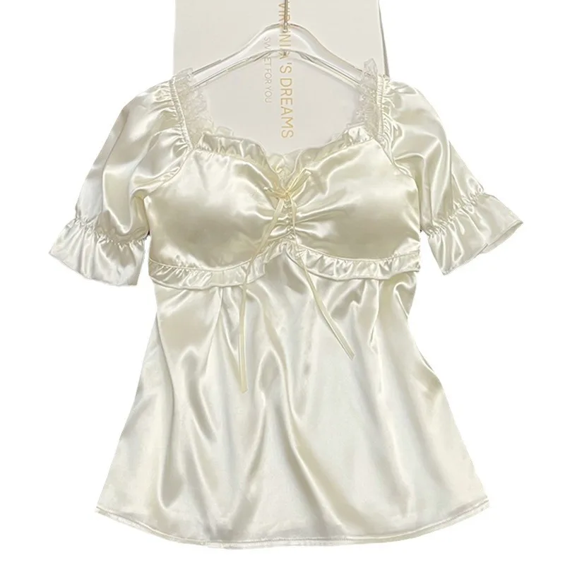 Ling Sleepwear For Women Simple Princess Style Summer Suspender Pajamas With Bra Pad Two-piece Set Thin Ruffled Home Clothes