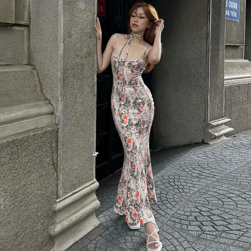

Autumn New Fashion Print Sexy Off Back Slim Fit Fragmented Flower Strap Dress