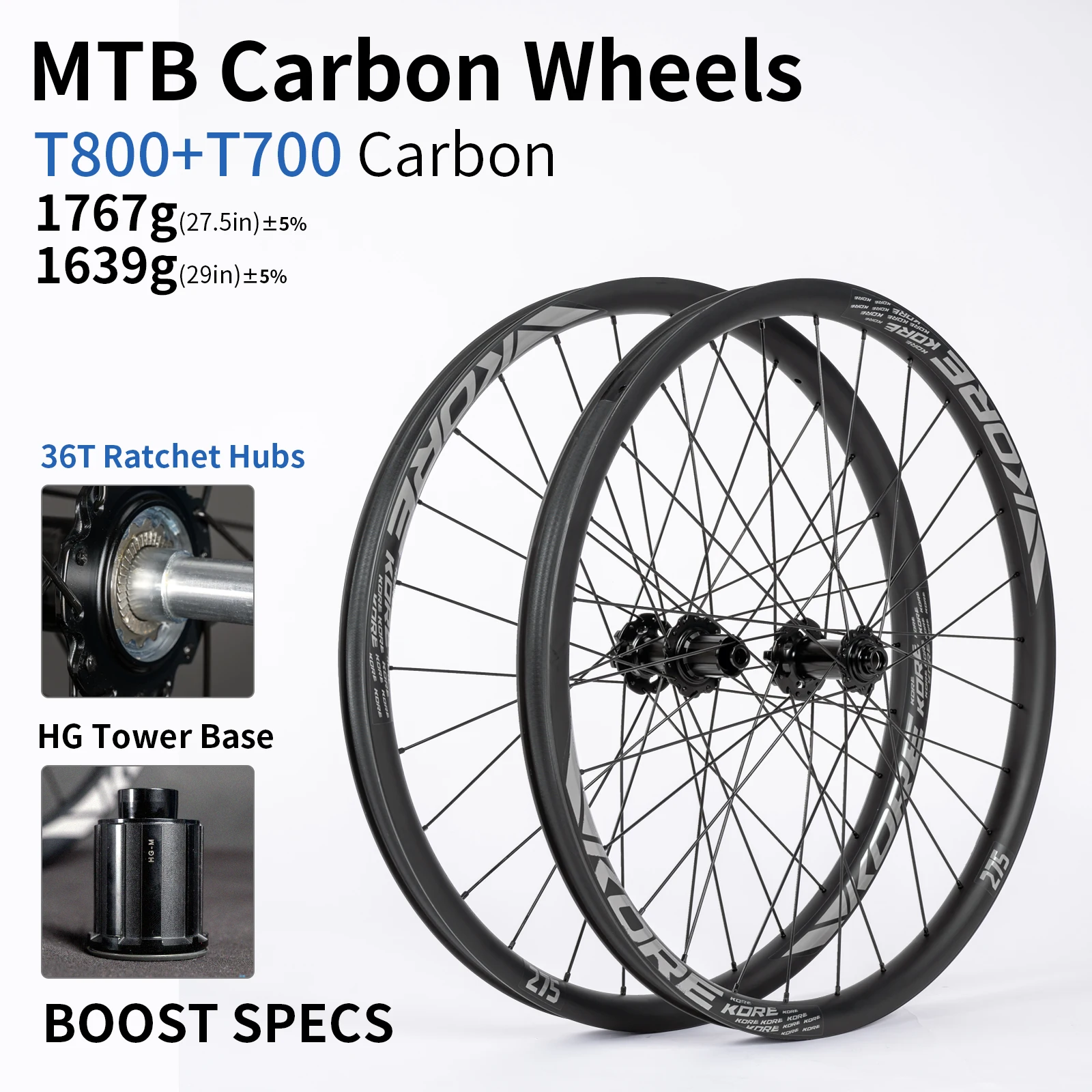 KORE MTB Carbon Wheelset 27.5/29in 36T Ratchet HG Hub Vacuum Tyres