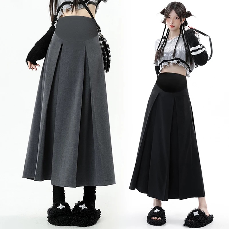 Q73446# Pregnancy Skirt Pleated Design Skirts Women Maxi Dress Plus Size High Waist Summer Mid-Long Midi Maternity S