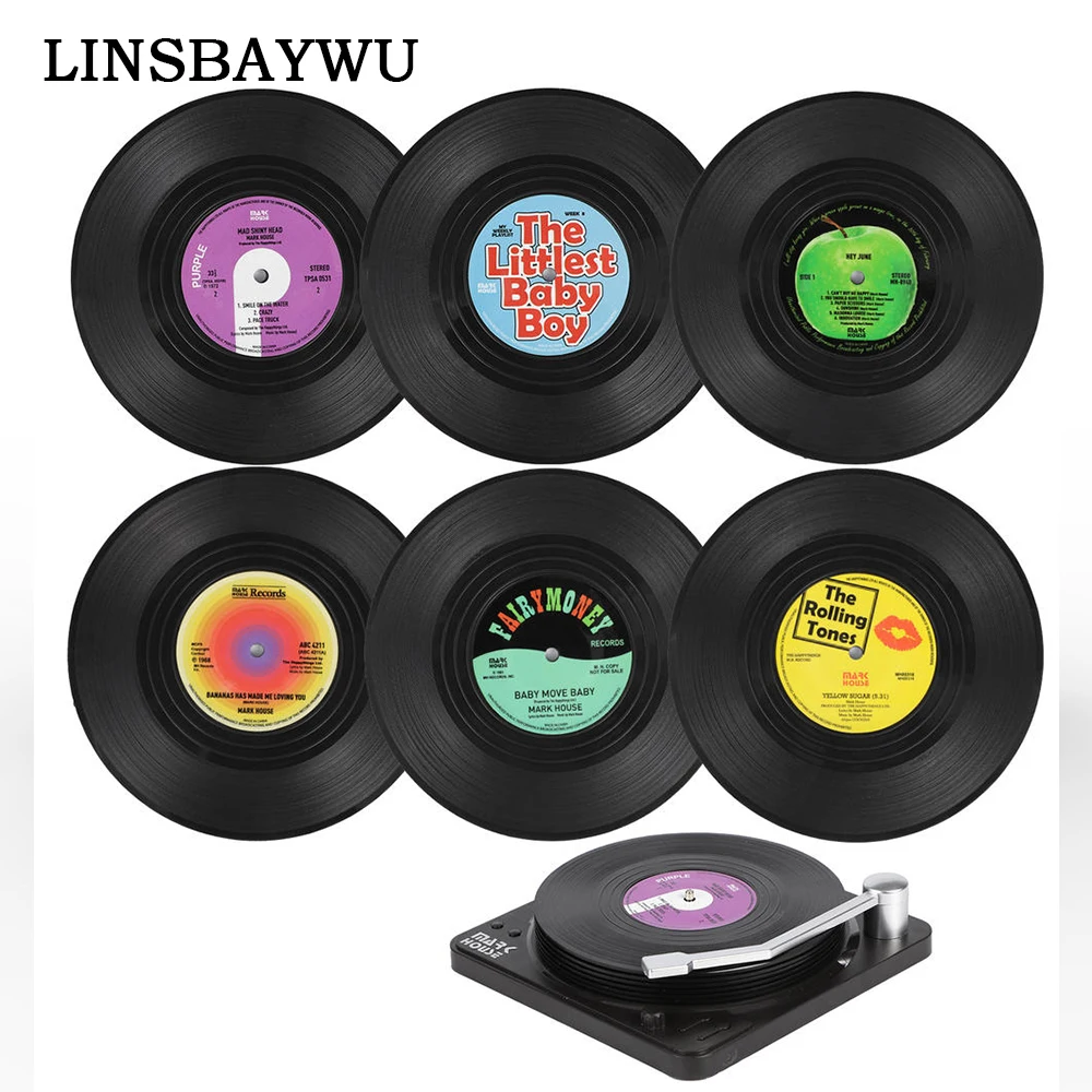 Retro Record Funny Absorbent Novelty Vinyl Disk Coasters with Vinyl Record Player Holder