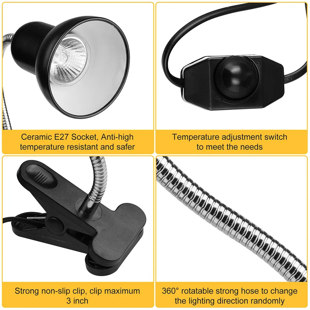 UVA+UVB Reptile Heating Lamp Holder E27 Ceramic Light Bulb Lampshade Gooseneck Lamp Bracket For Calcium Supplement Light Clip-on