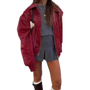 Vintageredzip-up Long Sleeve Leather Jacket Casual Style Lapel Patchwork Autumn/Winter New Arrival From China 1