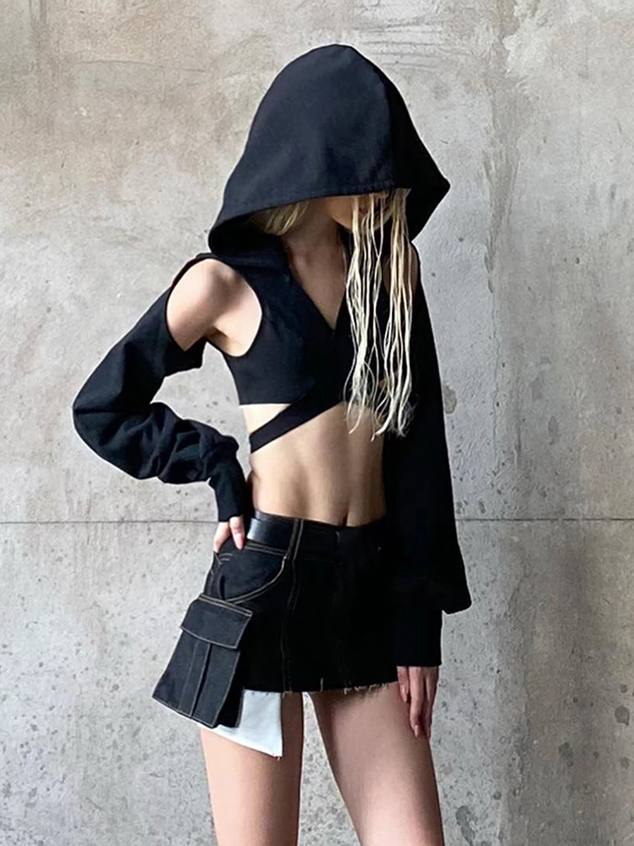 

Fashion Women's Hood Cropped Tops Gothic Solid Color Long Sleeve Cross Cutout Front Show Navel Grunge Shirts Streetwear Y2k