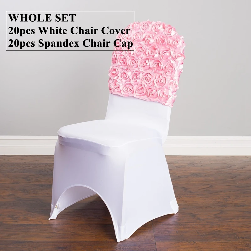 

Full Set 20pcs Arch White Spandex Chair Cover With 20pcs Satin Rosette Chair Cap For Wedding Banquet Event Decoration