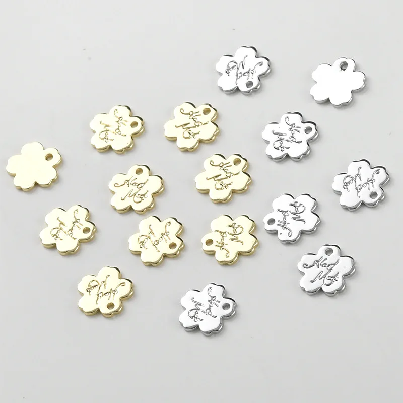 구리 도금 14k 골드 색상 영문자 꽃 모양 작은 태그 원형 타원형 펜던트 테일 체인 펜던트 DIY 쥬얼리 액세서리